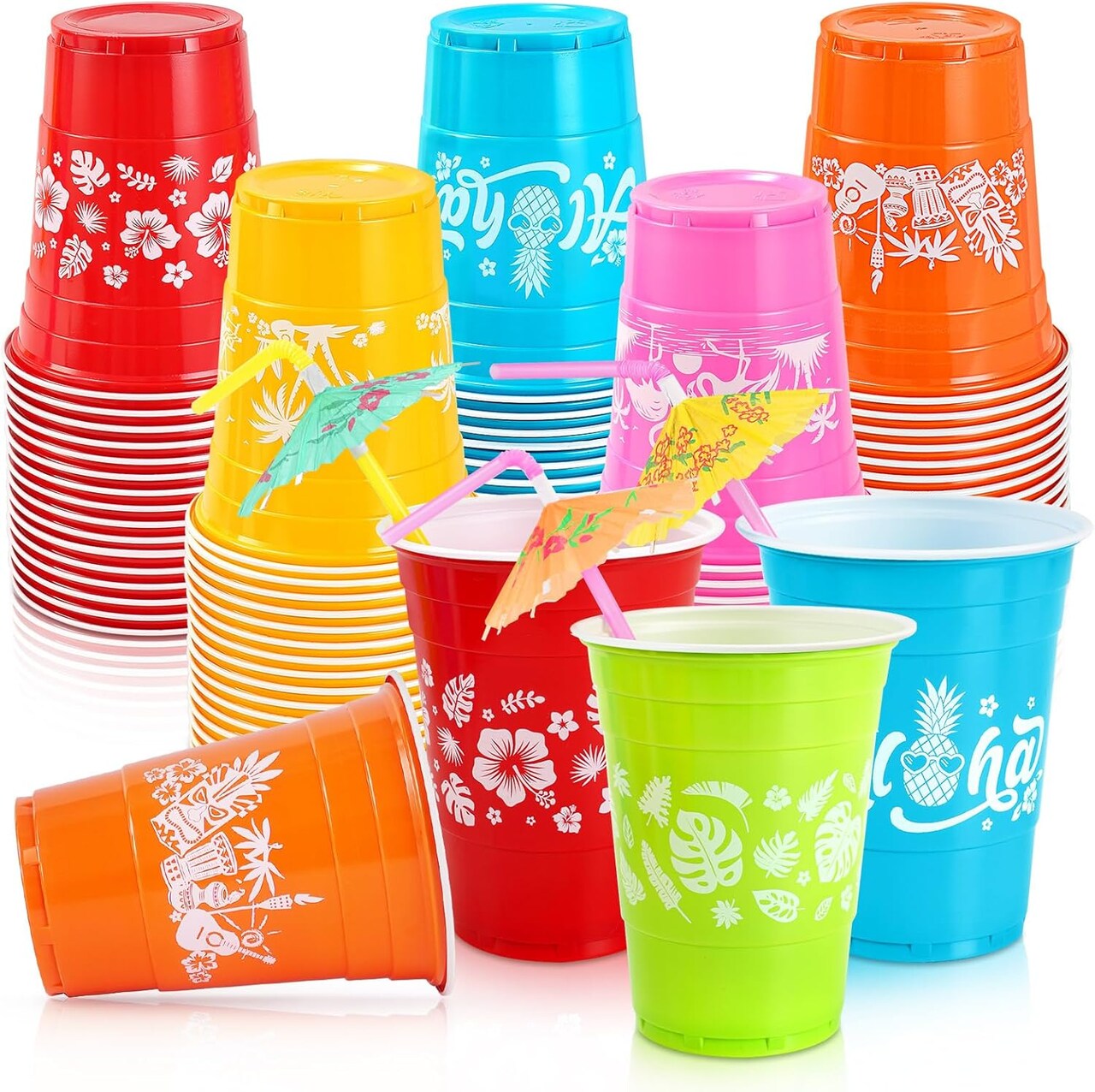 100 Pack Hawaiian Luau Cups with Parasol Straws 16 oz Plastic Tropical Cups